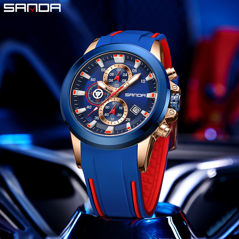 Sanda Men's Retro Quartz Watch – Multi-Function Three-Eye Calendar Silicone Strap