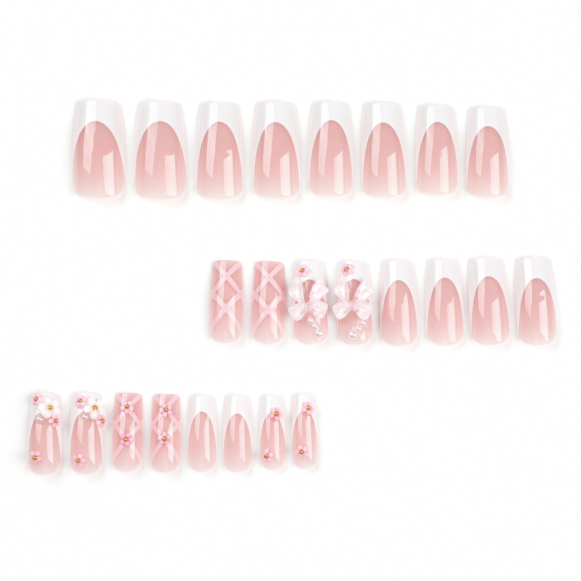 Cute Pink Coffin Press-On Nails – 3D Bow & Floral Design, Medium Length Nails