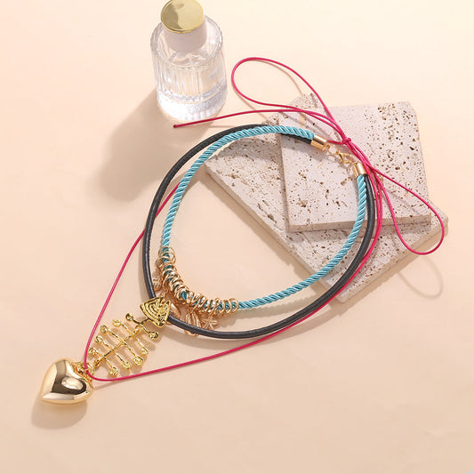 Layered Fishbone Pendant Necklace – Trendy Multi-Layer Retro Alloy Chain for Women