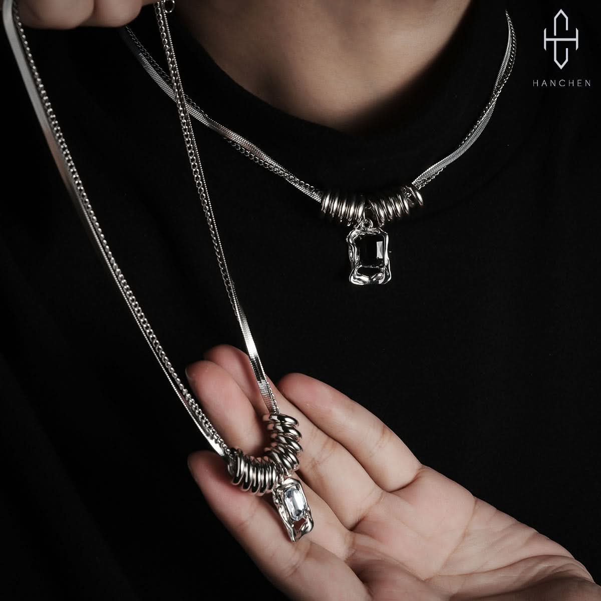 Men’s Double-Layer Ring Pendant Necklace – Zircon Inlay