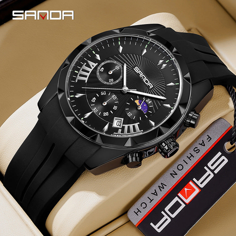 SANDA Men's Silicone Sports Watch – Waterproof Quartz with Calendar & Three-Eye Design