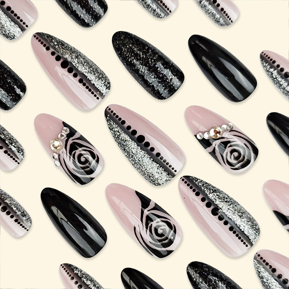 Black Rose Glitter Press-On Nails – Medium Almond Acrylic with Gem Accents