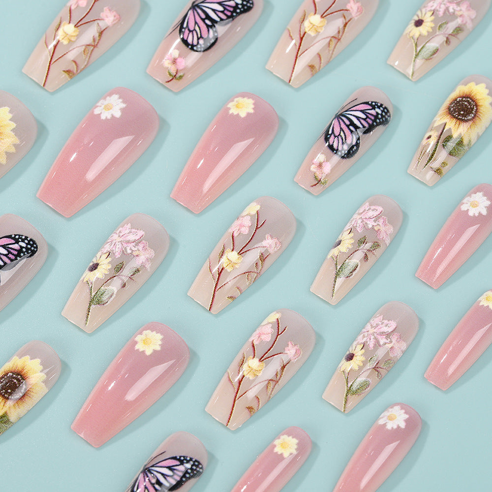 Long Coffin Press-On Nails with Butterfly & Sunflower Design – Floral Acrylic Fake Nails