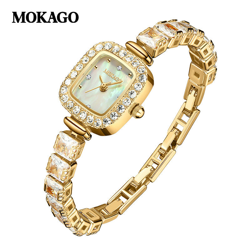 MOKAGO Women’s Square Quartz Watch – Diamond Inlay, Light Luxury Copper Bracelet