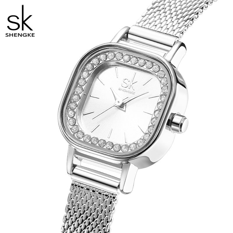 SK Women’s Diamond Quartz Watch – Square Dial, Waterproof Mesh Strap Timepiece