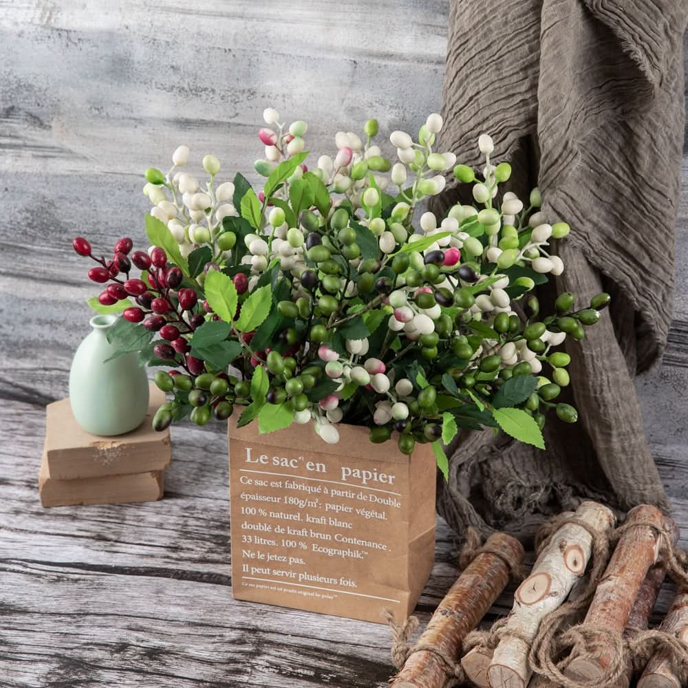 Set of 2pcs. Berry Olive Bean Branch Artificial Christmas Flower