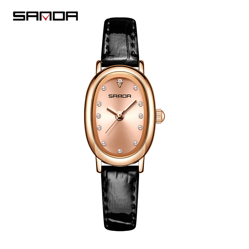 Sanda Women’s Leather Quartz Watch – Diamond Accent Oval Dial, Waterproof Casual Analog Watch
