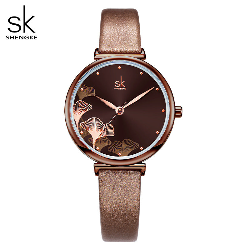SK Women’s Quartz Watch – Ginkgo Leaf Dial, Steel Mesh & Leather Strap, 30M Waterproof