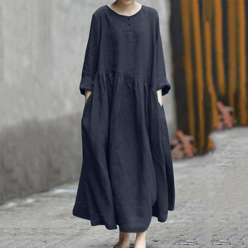 Women’s Cotton Linen Long Sleeve A-Line Dress – Irregular Splicing, Round Neck