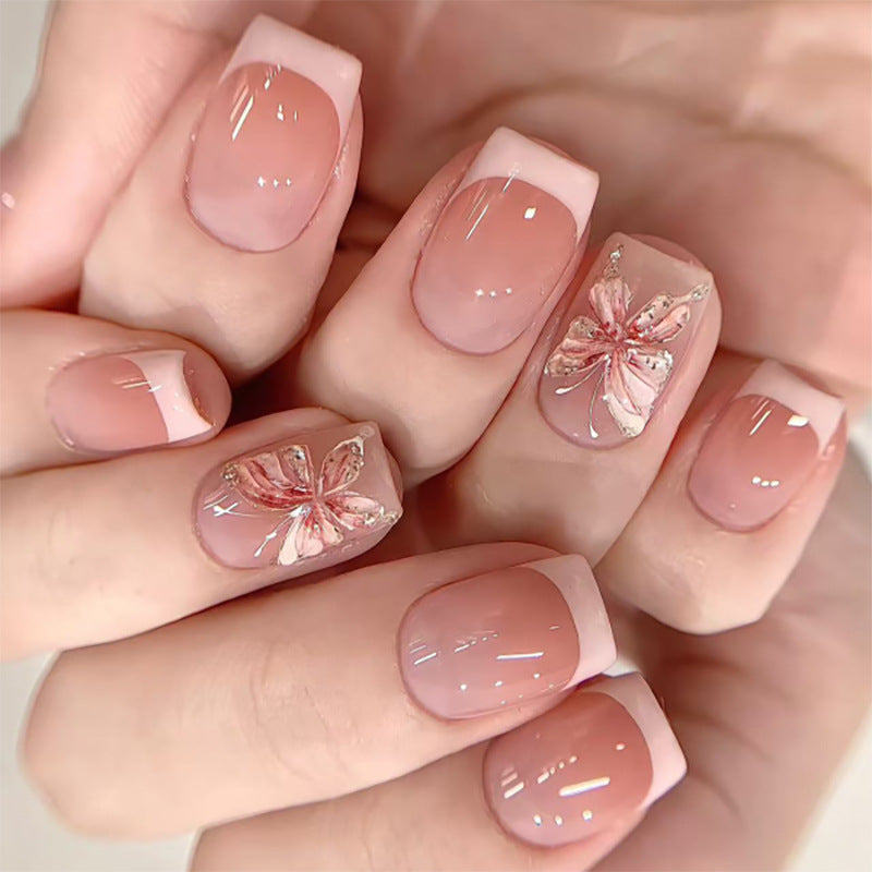 Elegant Pink Floral Press-On Nails – Glossy Square Acrylic Glue-On Set