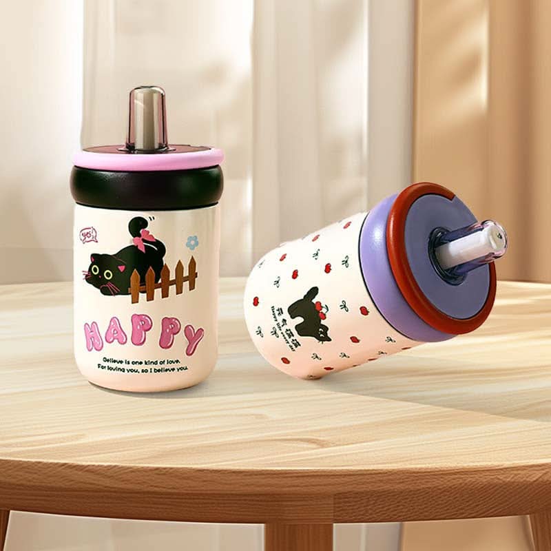 Cute Cat Stainless Steel Thermos Cup – 500ml Insulated Water Bottle with Straw