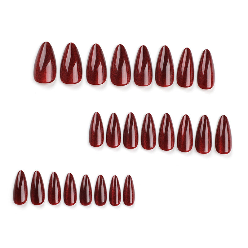 Red Cat Eye Press-On Nails – Long Almond Glitter Ombre Nail Set