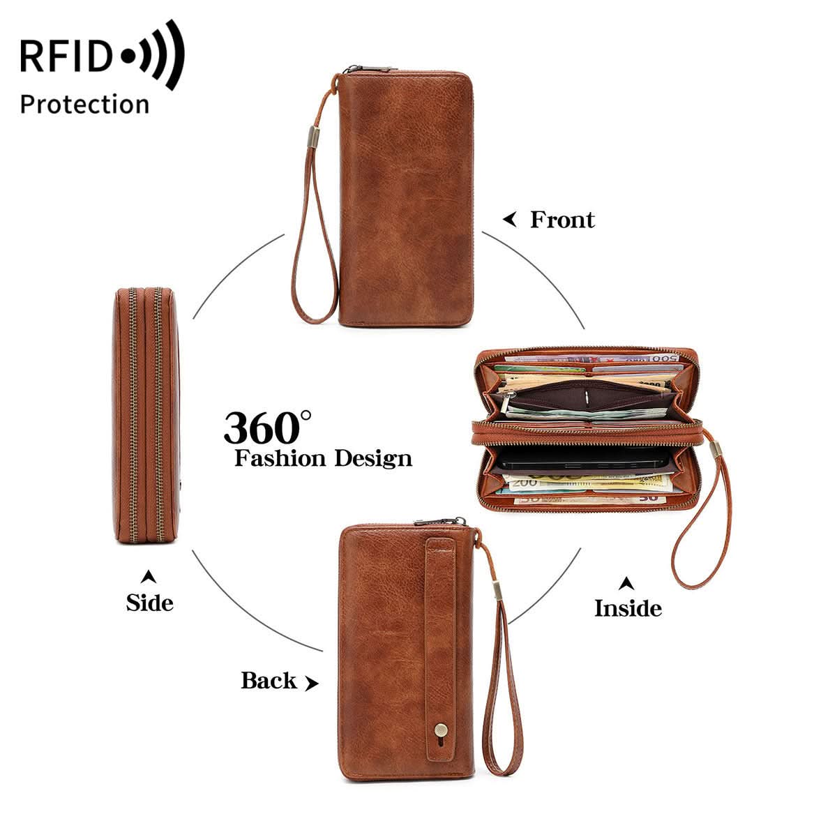 Men's RFID Blocking PU Leather Wallet – Double Zipper Clutch