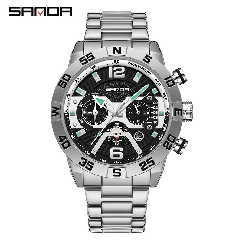 SANDA Men’s Quartz Watch – Three-Eye Steel Band Fashion Shockproof Timepiece