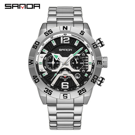 SANDA Men’s Quartz Watch – Three-Eye Steel Band Fashion Shockproof Timepiece