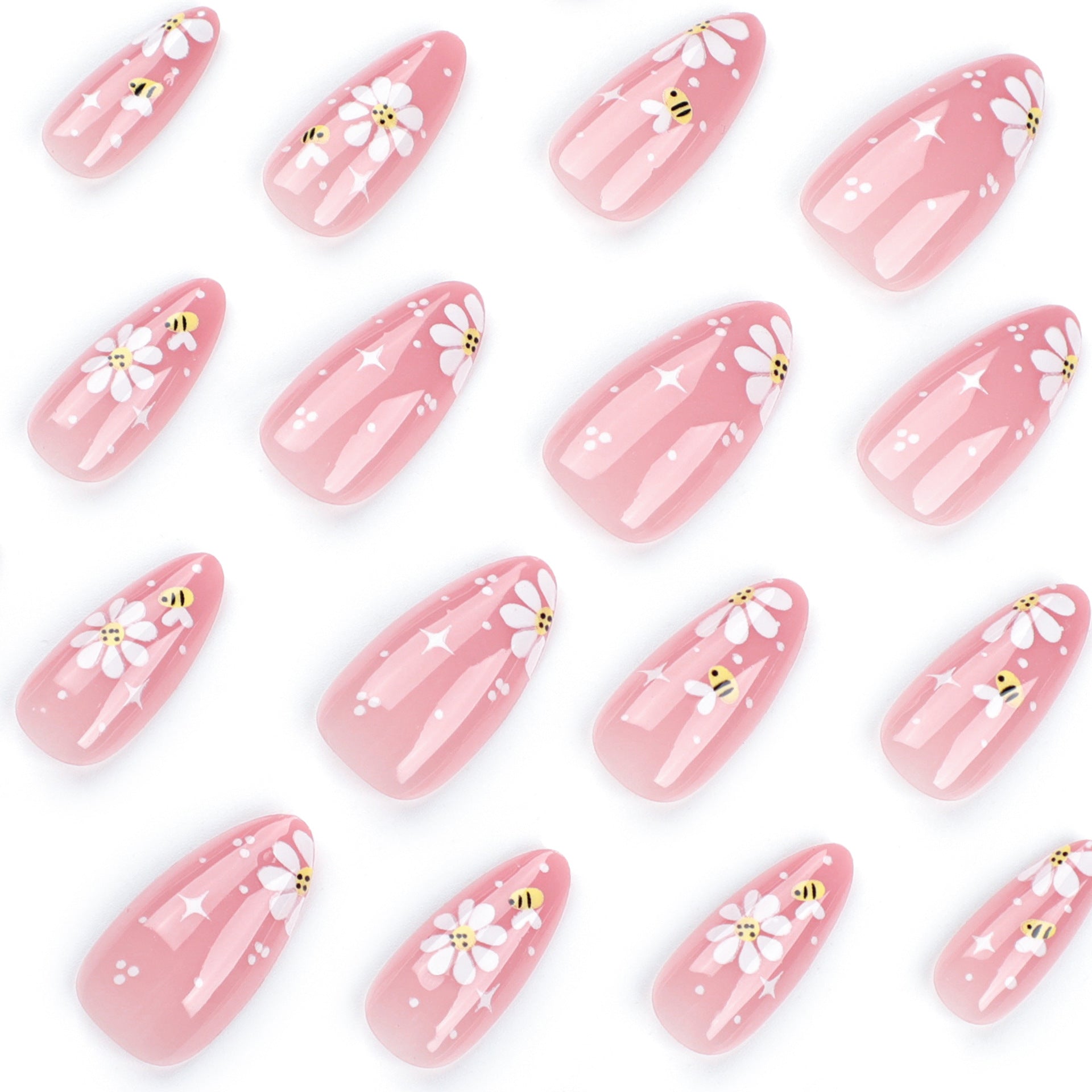 Cute Bee & Daisy Press-On Nails – Pink Almond Glossy Tips Nails