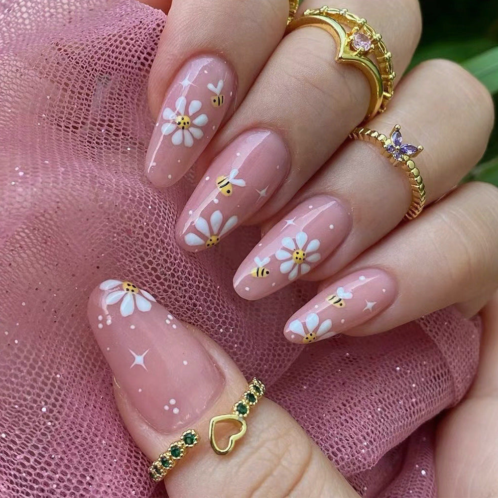 Cute Bee & Daisy Press-On Nails – Pink Almond Glossy Tips Nails