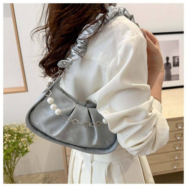 Women's Velvet Pleated Shoulder Bag – Small Chain Underarm Purse for Summer Outfits