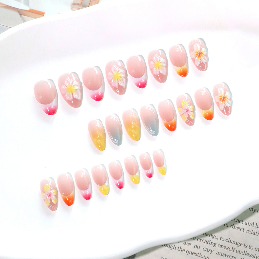 Tropical Floral 3D Press-On Nails – Oval Ombre Acrylic with Flowers & Swirl Design