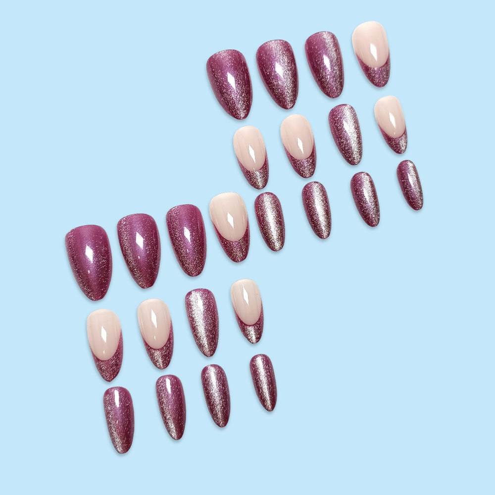Shimmery French Tip Press-On Nails with Glitter Ombre, Almond Acrylic Glue-On Set