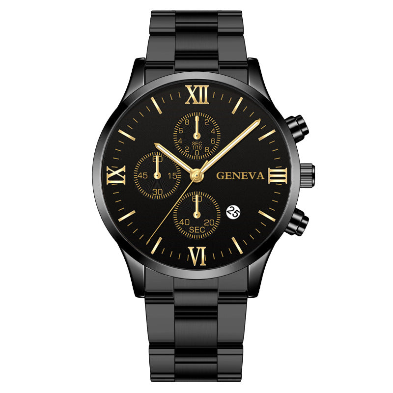 Men's Roman Dial Steel Strap Watch with Calendar – Fashion Three-Eye Design