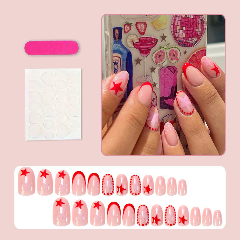 Red Star French Tip Press-On Nails – Trendy Oval Abstract Nail Art