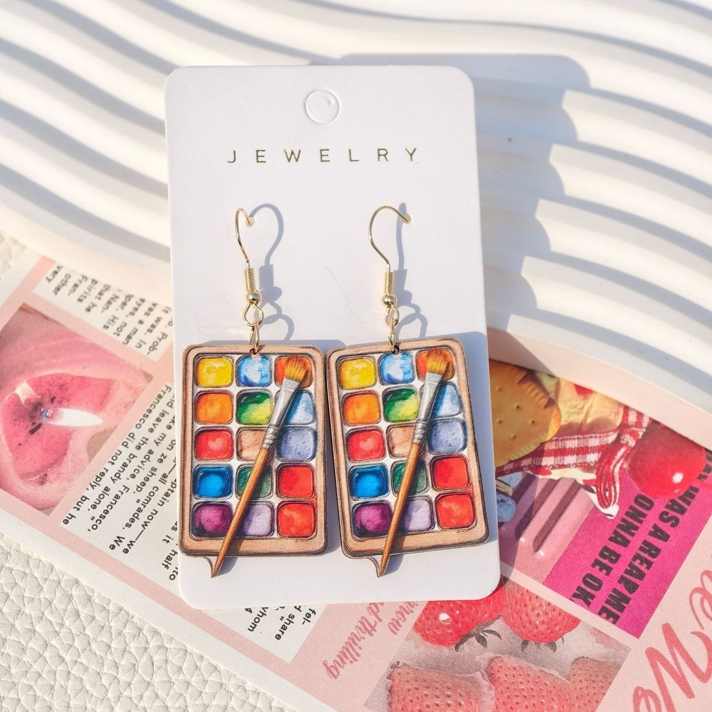 3D Wooden Palette Earrings for Couples – Colorful Geometric Statement Jewelry