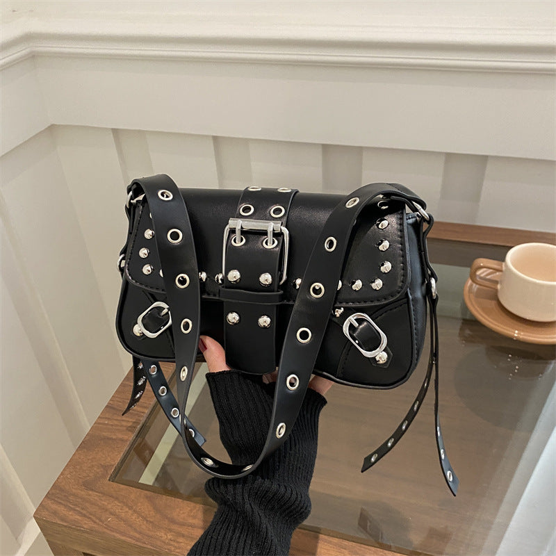 Women’s Rivet Baguette Bag – PU Leather Motorcycle Shoulder Street Style Handbag