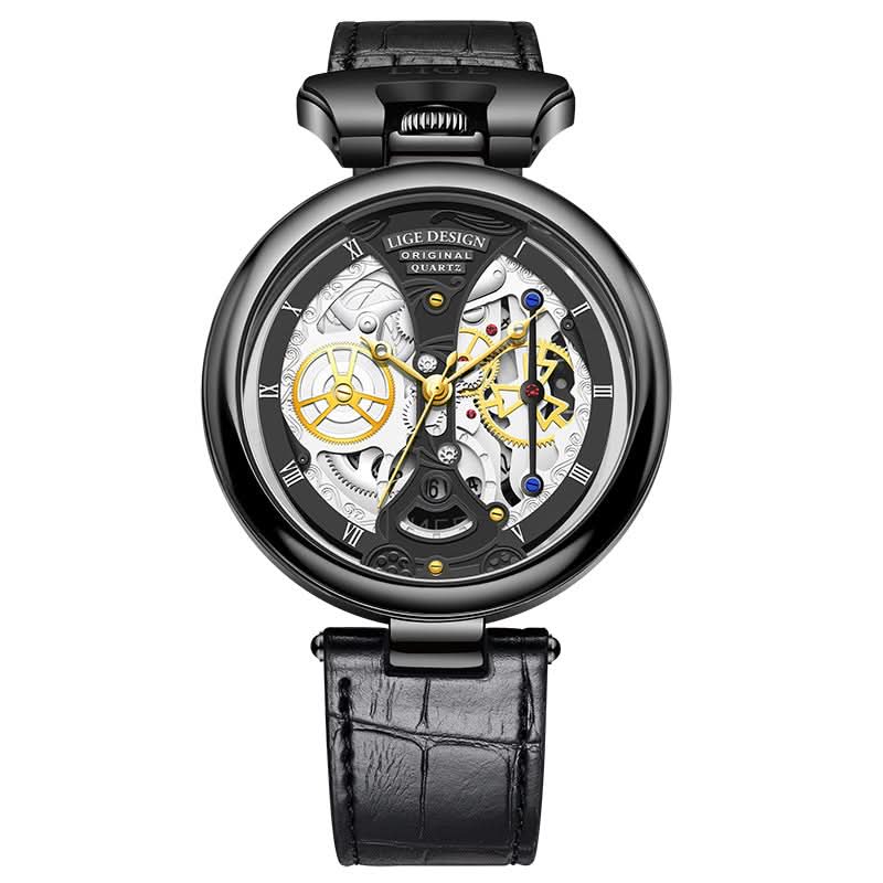 Men’s Hollow Dial Quartz Watch – Trendy Waterproof Leather Strap Timepiece