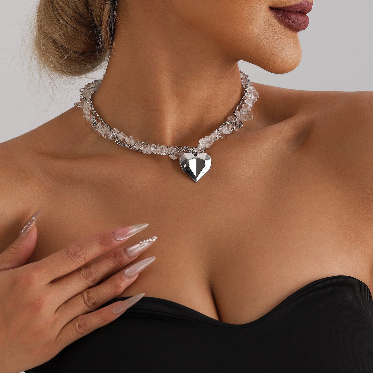 Elegant Heart Crystal Necklace – Silver Multi-Layer Clavicle Chain for Women