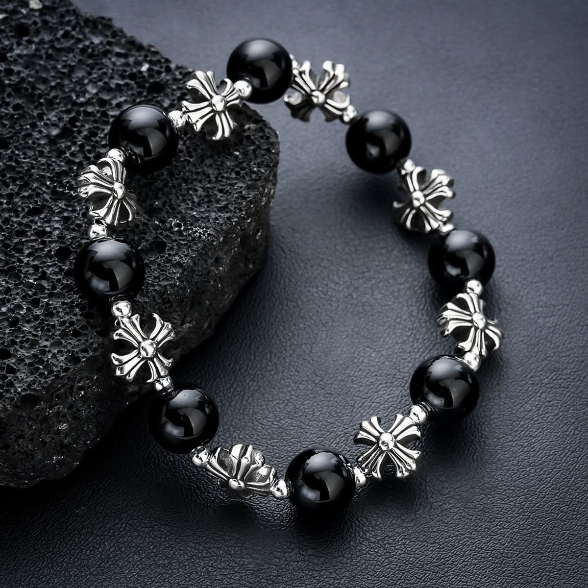 Unisex Retro Cross-Stitched Obsidian Beaded Bracelet –  Stone Wristband