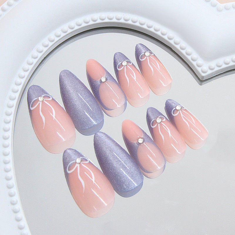 Milk Blue French Press-On Nails – Cat’s Eye Almond Nails with Bow Accents
