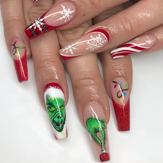 Festive Grinch Christmas Press-On Nails – Red & Green Coffin Set