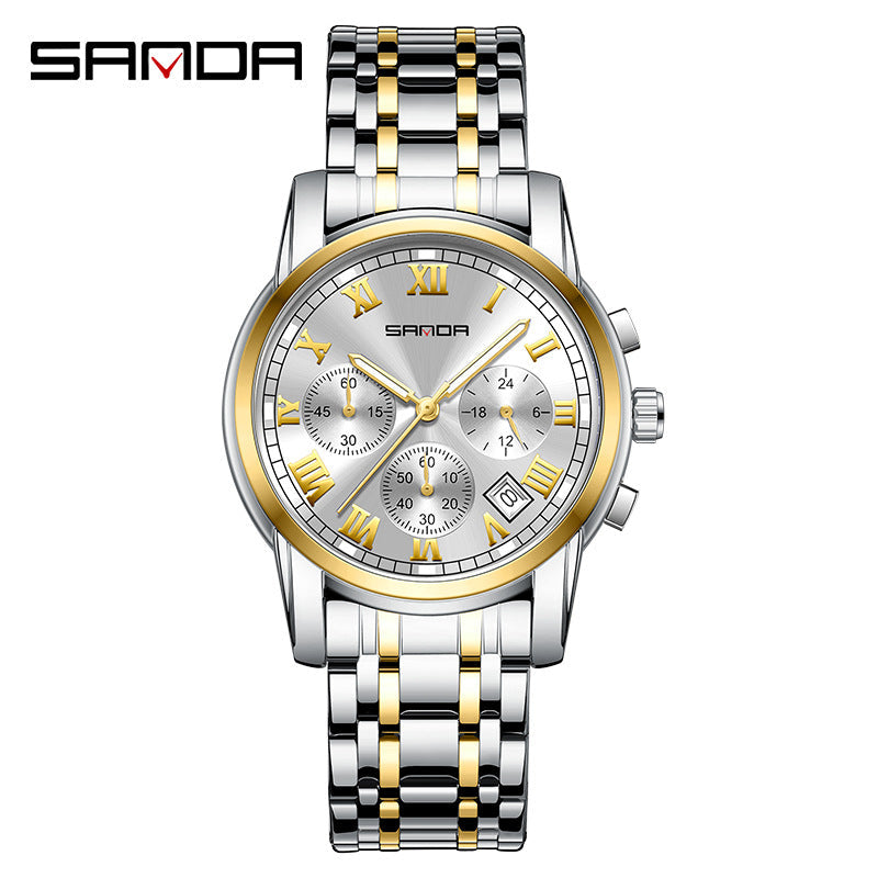 SANDA Luminous Men’s Quartz Watch – Retro Stainless Steel Strap with Calendar