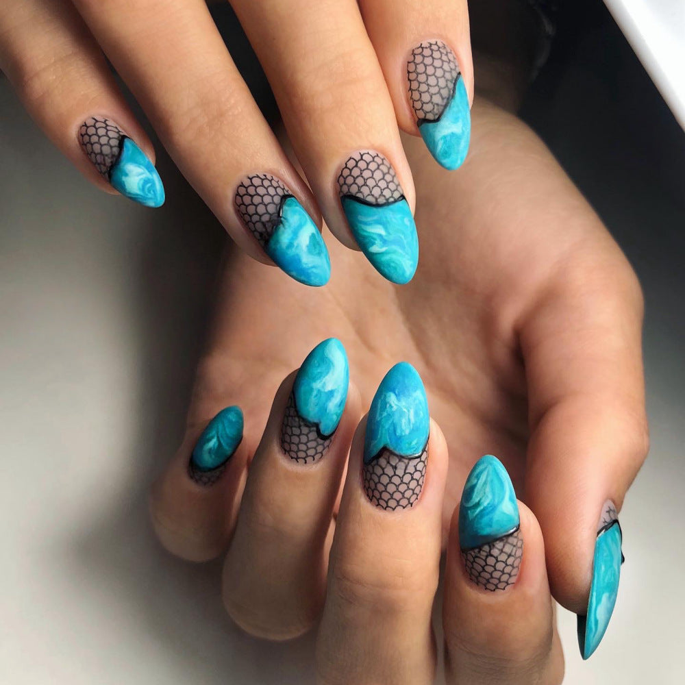 Long Almond Press-On Nails – Ocean Marble & Fishnet Matte Acrylic Nail Art