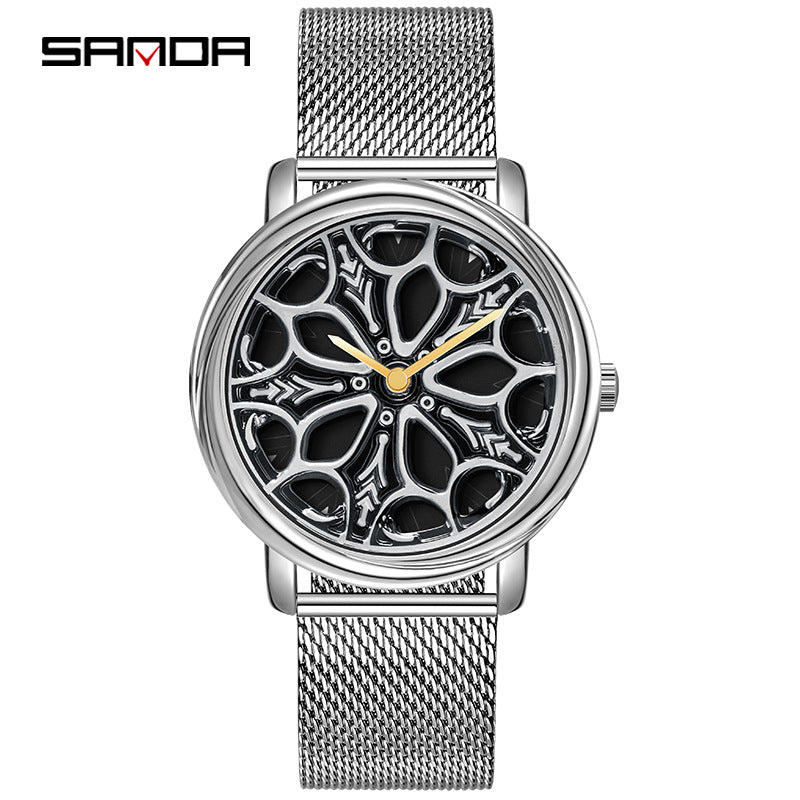 Sanda Men’s Quartz Watch – Rotating Dial, Mesh Stainless Steel Strap, Casual Timepiece