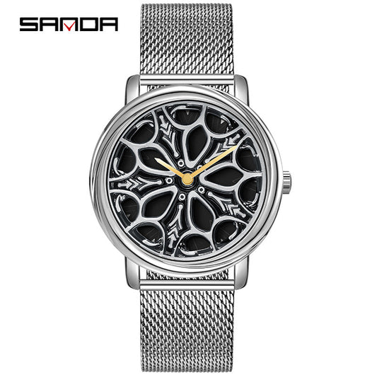 Sanda Men’s Quartz Watch – Rotating Dial, Mesh Stainless Steel Strap, Casual Timepiece