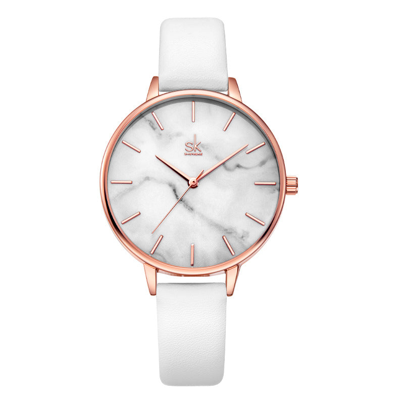 SK Women’s Quartz Watch – Marble Pattern Dial, Thin Strap, 30M Waterproof