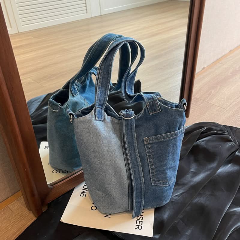 Denim Bucket Messenger Bag for Women – Korean Style Canvas Shoulder Handbag