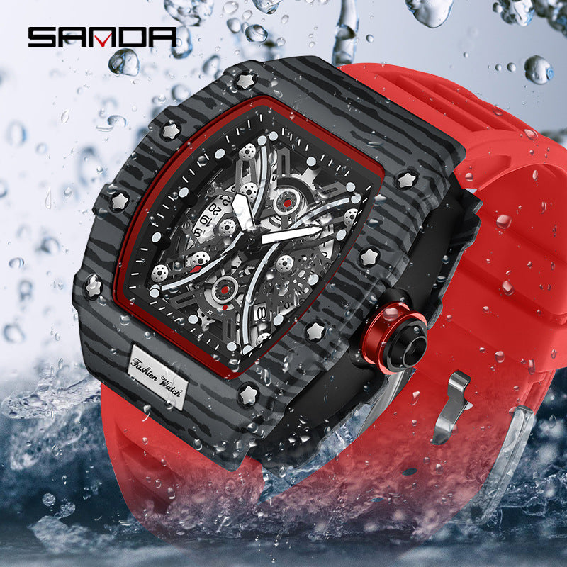 SANDA Men’s Quartz Watch – Luminous Calendar, Hollow Tonneau Dial, Casual Waterproof