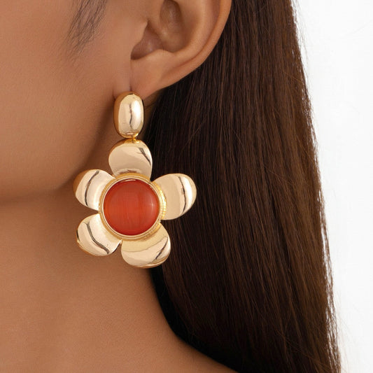 French Retro Flower Earrings for Women – Large Metal Cat’s Eye Jewelry
