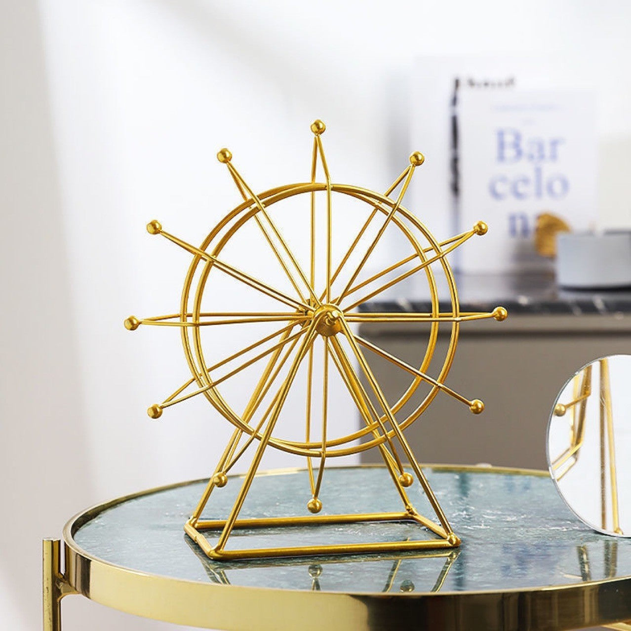Modern Gold Ferris Wheel Decor – Metal Table Ornament for Living Room or Office