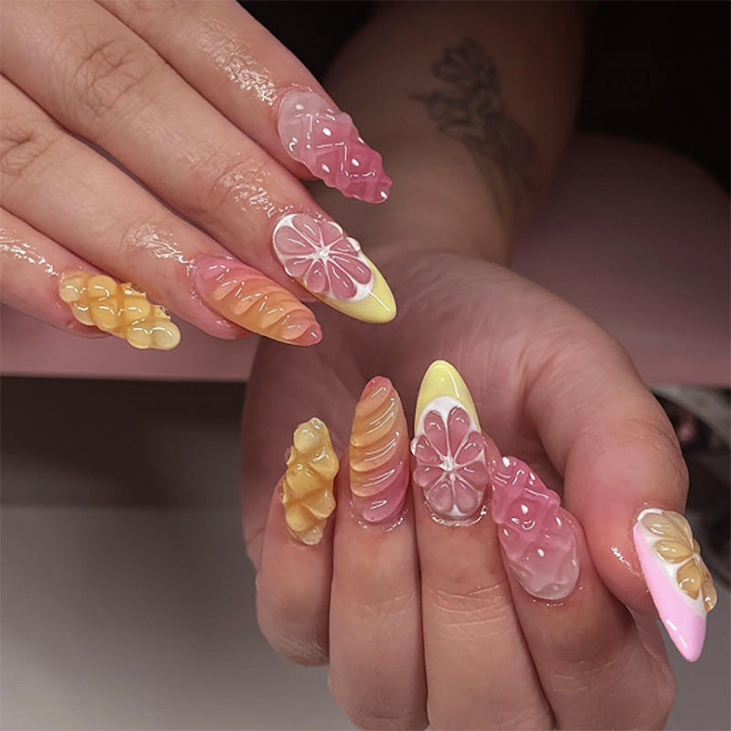 3D Fruit Press-On Nails – Medium Coffin Glue-On Tips with Floral Gradient Design