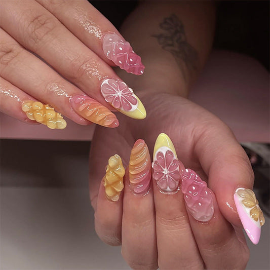 3D Fruit Press-On Nails – Medium Coffin Glue-On Tips with Floral Gradient Design
