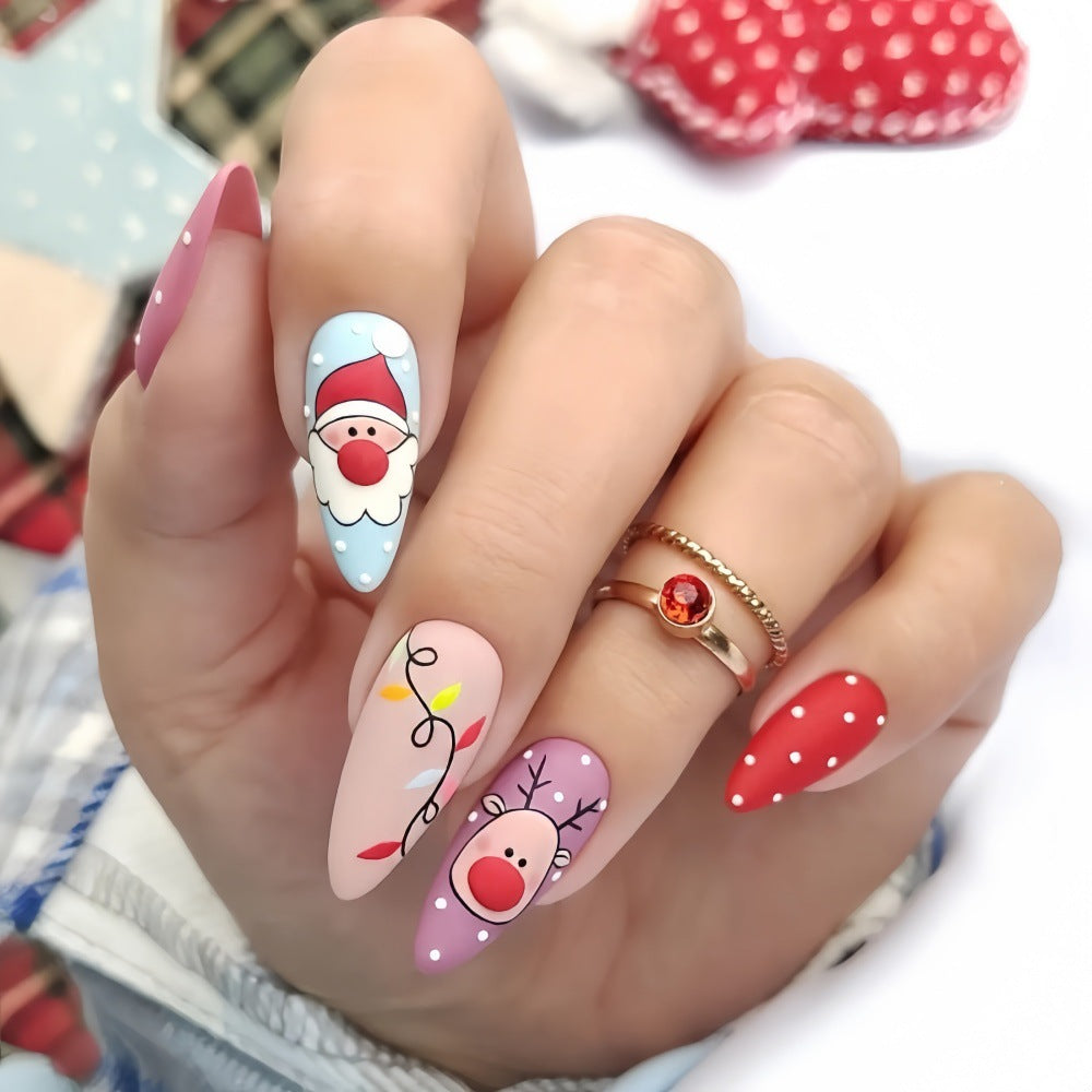 Festive Santa & Reindeer Almond Press-On Nails – Medium Glue-On Acrylic Set