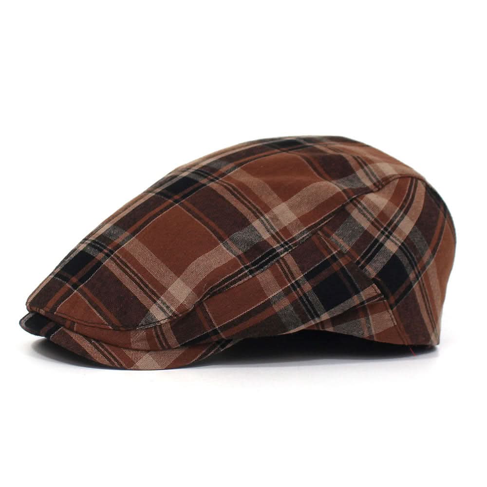 Retro Plaid Beret Hat – Unisex Cotton Duckbill Cap, Breathable Flat Top Design