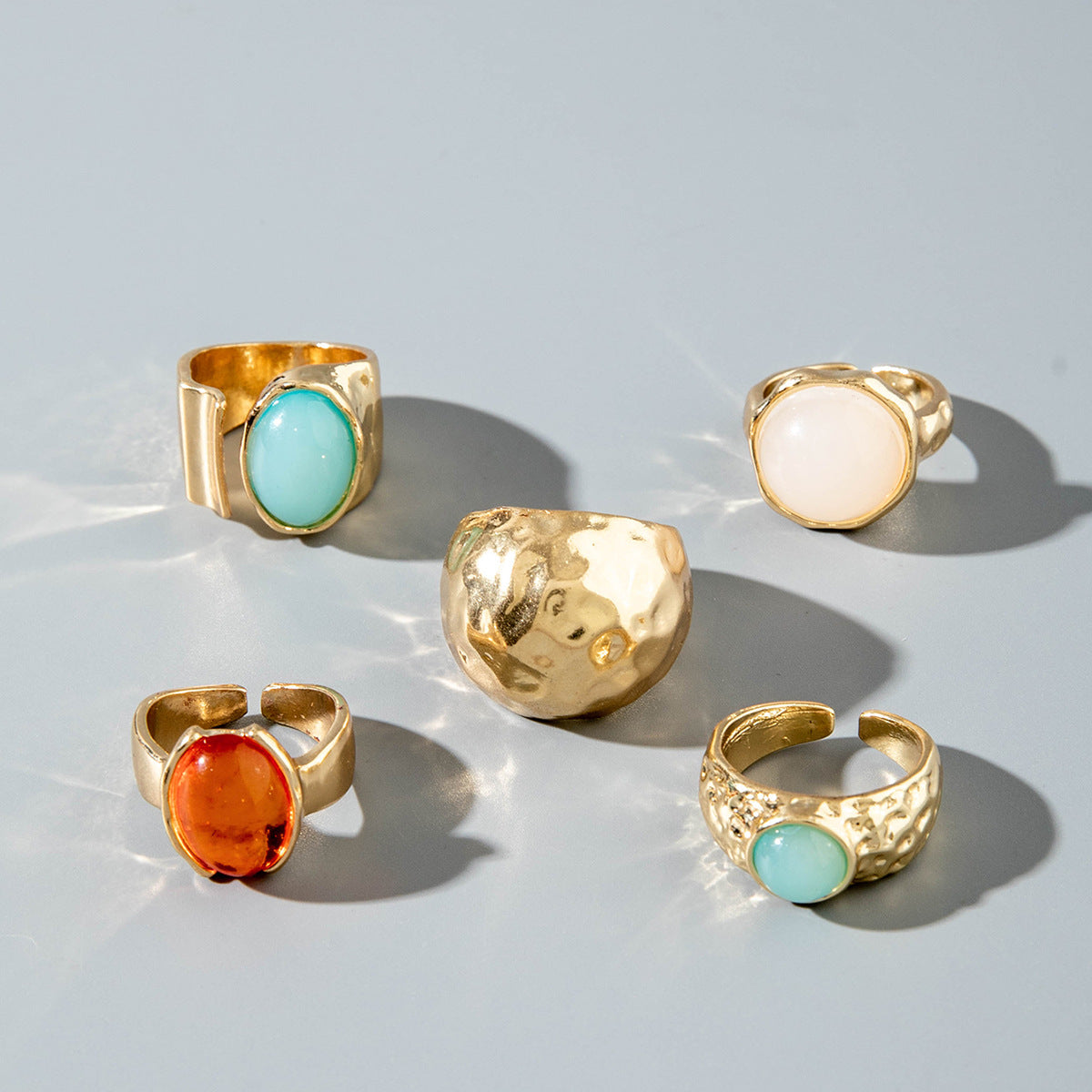 Retro Gemstone Ring Set – Gold Alloy Adjustable Rings for Women (5-pieces)