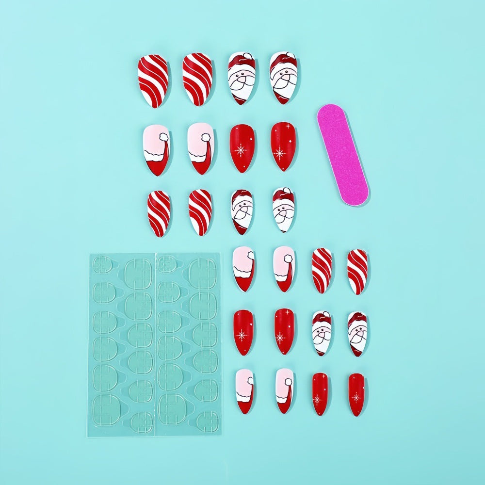 Santa Almond Press-On Nails – Medium Red Christmas Acrylic Glue-On Set