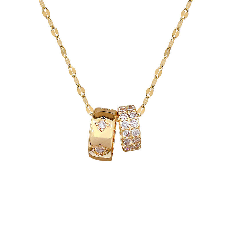 Women' Double Ring Pendant Necklace – Luxury Titanium Steel Diamond Clavicle Chain
