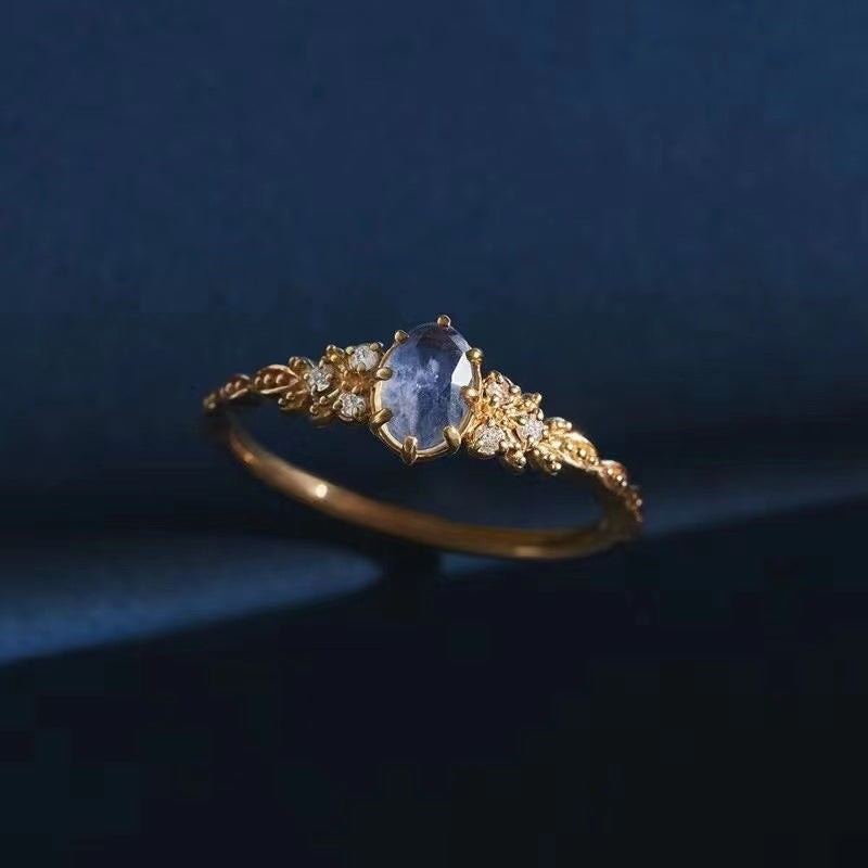 Elegant Blue Gemstone Leaf Design Adjustable Ring – Women’s Jewelry